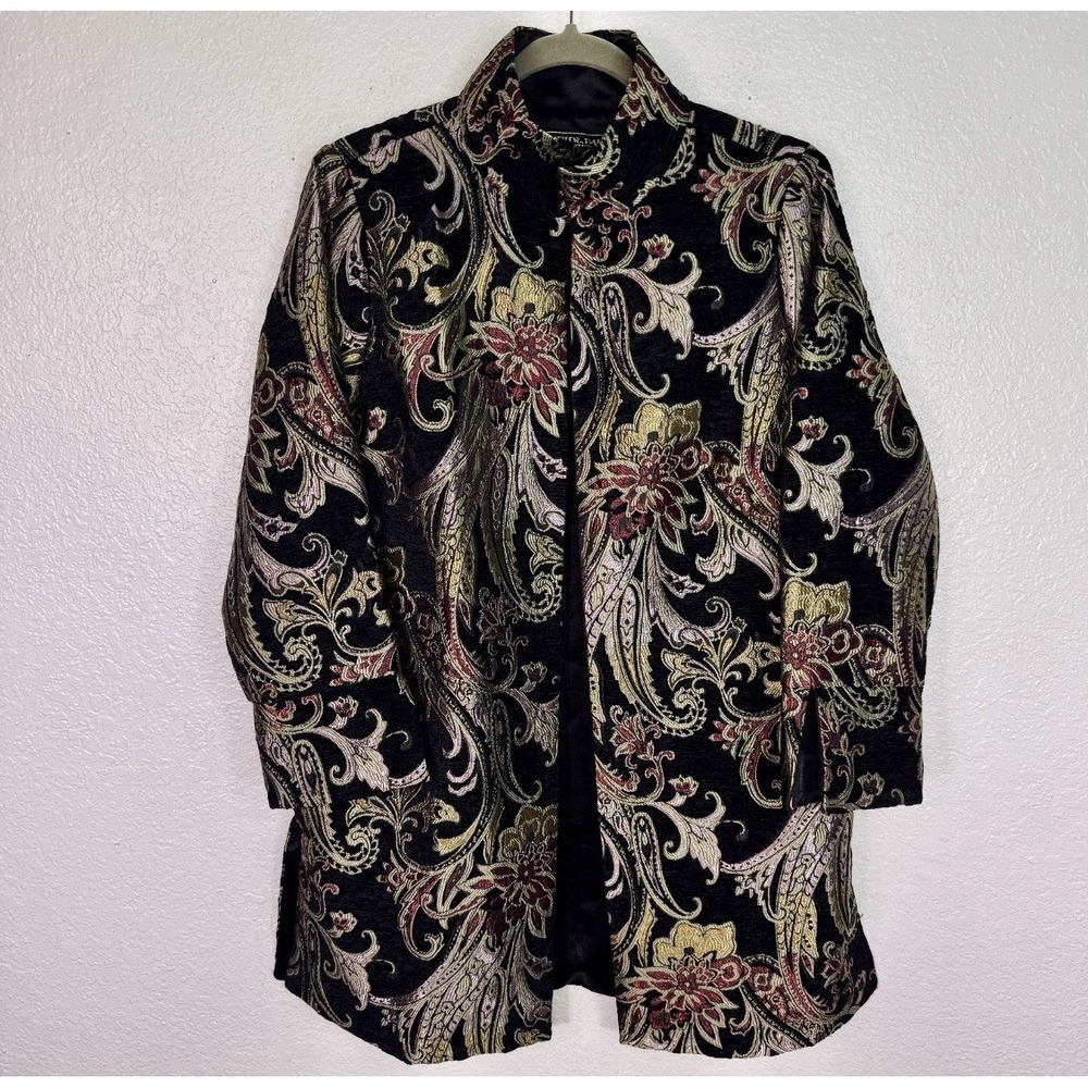 Heidi Daus Jacket M Brocade Paisley Black Metallic Tapestry Satin Boho Open Coat